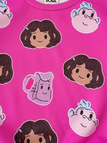 DORA | SHEIN 2 pièces/Set Sweat-shirt à col ras-du-cou à manches longues avec imprimé Dora la Exploratrice pour jeune fille et pantalon de survêtement long avec graphique lettrage, tenue décontractée rose pour les sports de plein air