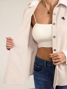 SHEIN Tall Women's Fall Drop Shoulder Single-Breasted Corduroy Embroidered Jacket - Apricot - View 16