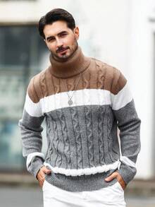 Manfinity Mode 男士撞色扭纹针织高领长袖休闲毛衣，秋冬 - 彩色 - 查看 5