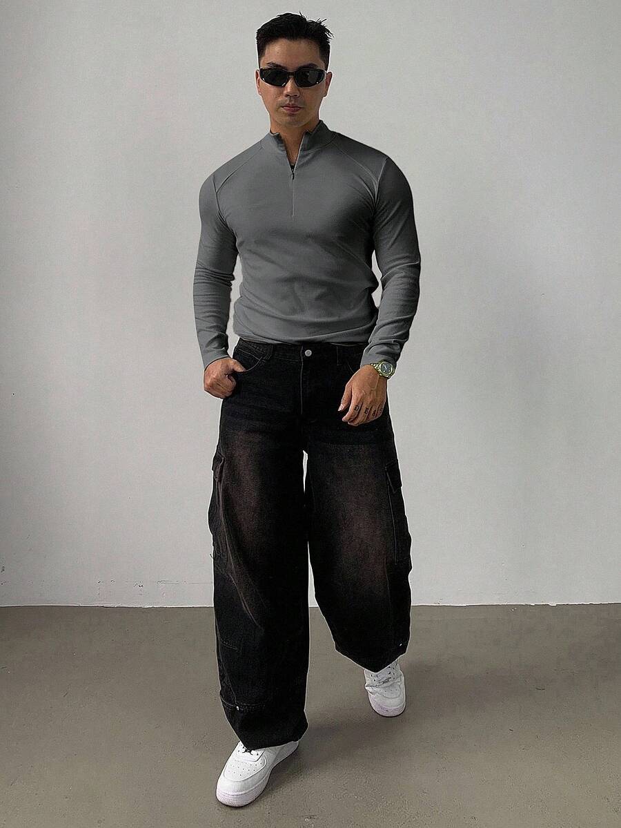 DAZY Men's Solid Gray Slim Fit Sports T-Shirt, Autumn Quarter Zip Men - Grey - View 1