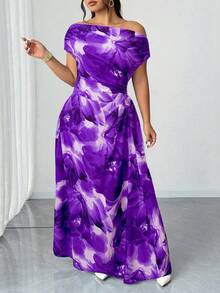 Elenzga Plus Size Printed Sexy Asymmetrical Shoulder Ruched Waist Elegant Dress