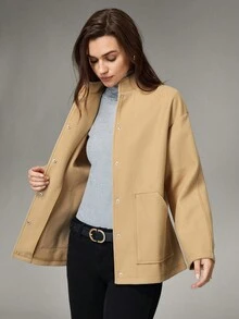 Hanevo Women's Casual Stand Collar Button Pocket Regular Overcoat, Winter - Apricot - View 6