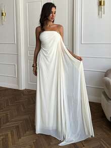 SHEIN BAE Váy màu mơ thanh lịch với viền xếp nếp, nút trang trí bằng kim loại, không dây, phù hợp cho mùa thu, váy dạ hội gợi cảm cho buổi hẹn hò, sinh nhật, tiệc hộp đêm, Halloween, Giáng sinh, dịp trang trọng - Màu be - Xem 3