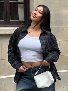 DAZY Camicia oversize a maniche lunghe con colletto alla coreana, tasche e motivo a quadri, stile da strada, taglie comode - Blu Navy - Visualizzare 8