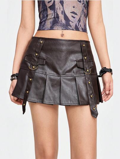 Grunge Punk Jupe mini plissée avec lacets à œillets, style casual Y2K grunge, avec short intégré pour femmes