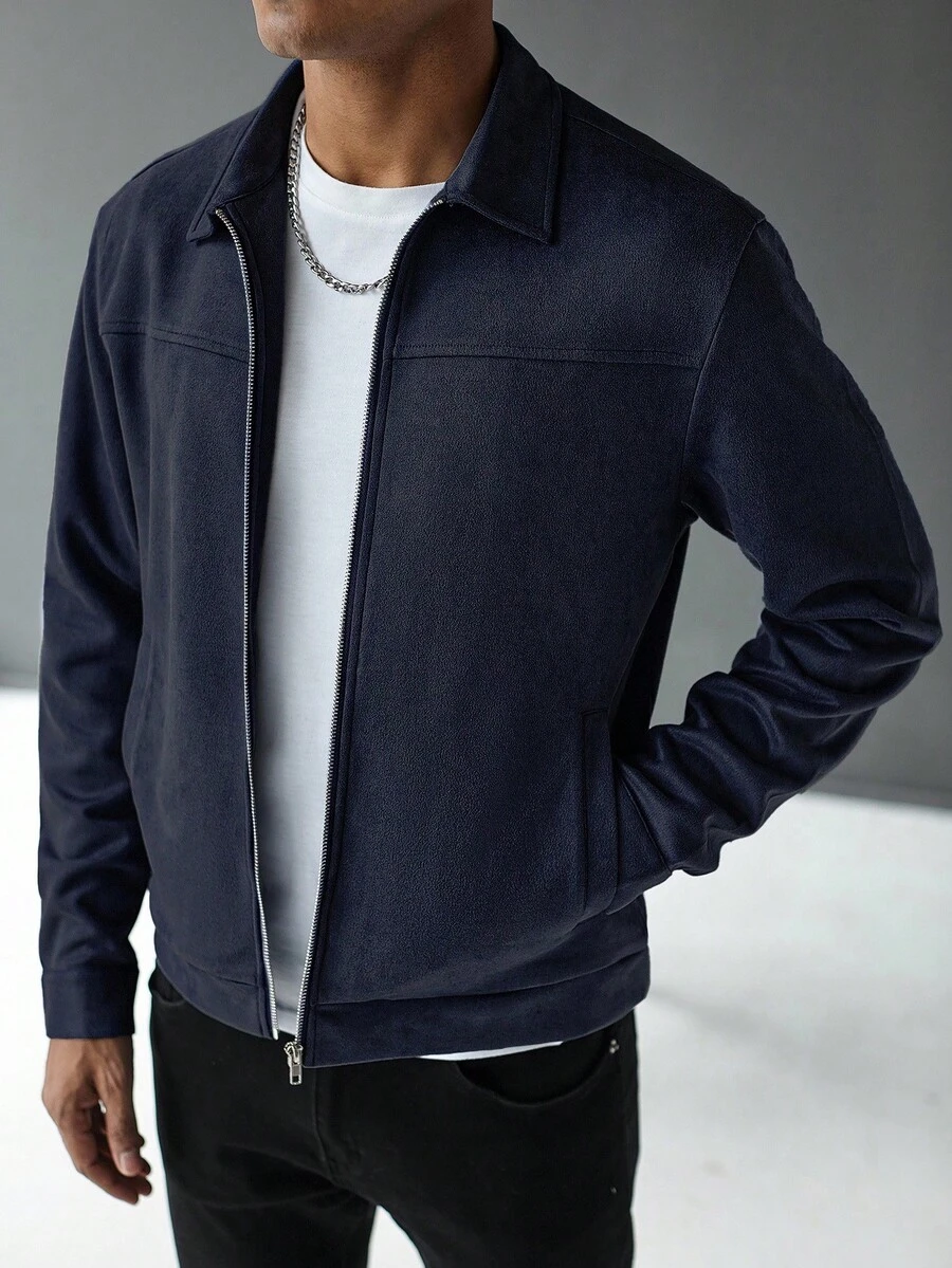 Manfinity Homme Áo khoác nam dài tay màu trơn có khóa kéo thường ngày, mùa thu, dành cho mùa thu - Màu xanh hải quân - Xem 1