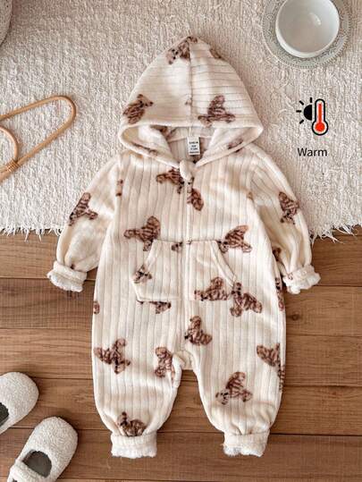 LMoss Kids LMoss 女婴小熊图案针织休闲连帽连体衣，小熊套装，男女通用婴儿服装，冬季婴儿服装，连帽婴儿连体衣，舒适的秋冬款式，冬季服装，卫衣