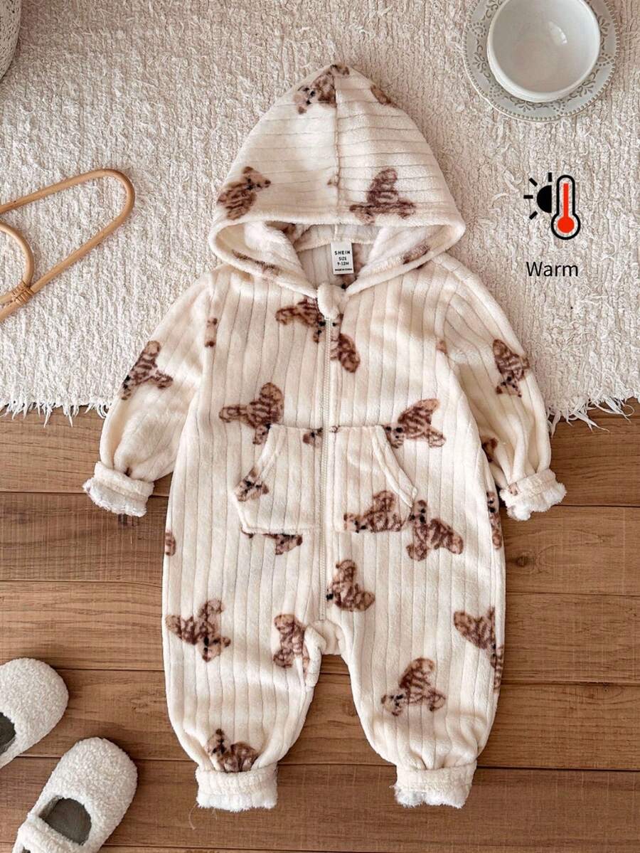 LMoss Kids LMoss 女婴小熊图案针织休闲连帽连体衣，小熊套装，男女通用婴儿服装，冬季婴儿服装，连帽婴儿连体衣，舒适的秋冬款式，冬季服装，卫衣 - 黑色 - 查看 1