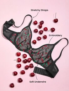 LUVLETTE Christmas & New Years Cherry Floral Sexy Lingerie Unlined Plunge Sheer Black Mesh Minimizer Bra - Black - View 6