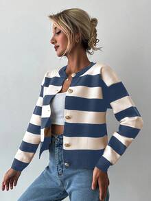 EURMUSE Women's Autumn Striped Long Sleeve Metal Single-Breasted Knit Cardigan - Dusty Blue - View 3