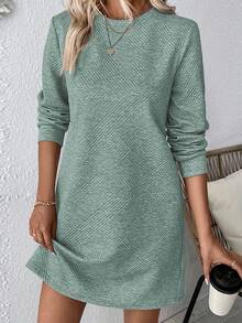 SHEIN LUNE 女式休闲简约圆领长袖连衣裙，秋季 - 綠色 - 查看 7