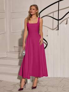EURMUSE Women's Solid Color Sleeveless Waist Cinched Long Dress - Hot Pink - View 7