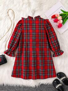 Emery Rose Kids Emery Rose Kids 年轻女孩优雅红色格子拼布蝴蝶结装饰长袖荷叶边下摆宽松连衣裙，适合圣诞节、秋冬季、派对、学校、休闲日常 - 紅色 - 查看 8