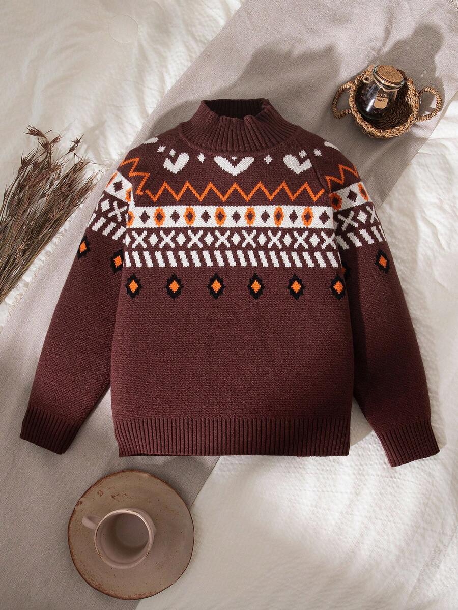 Nuevo llegado de otoño/invierno Suéter de cuello alto con jacquard estilo Fair Isle para niñas, apto para primavera, otoño, invierno, uso casual, actividades al aire libre, eventos escolares, reuniones familiares, fiestas festivas - Multicolor - Ver 1