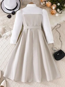 Tween 女童休闲简约灰白拼接长袖连衣裙（配腰带），舒适优雅，秋冬 - 白色 - 查看 2