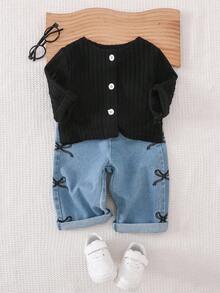 SHEIN Playful Pals 2 件套女婴休闲百搭长袖夹克和蝴蝶结刺绣裤子套装适合春秋冬季日常穿着 - 黑色 - 查看 1