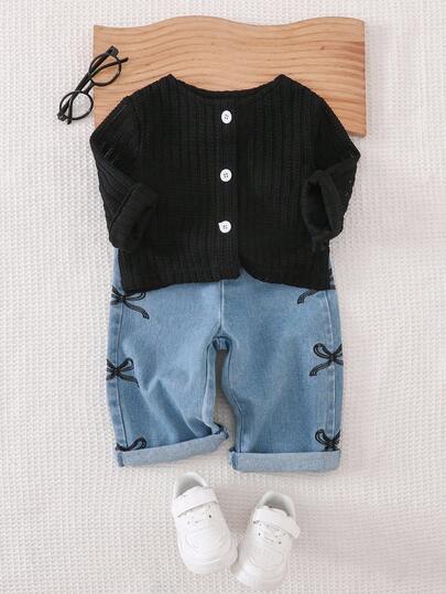 SHEIN Playful Pals 2 件套女婴休闲百搭长袖夹克和蝴蝶结刺绣裤子套装适合春秋冬季日常穿着