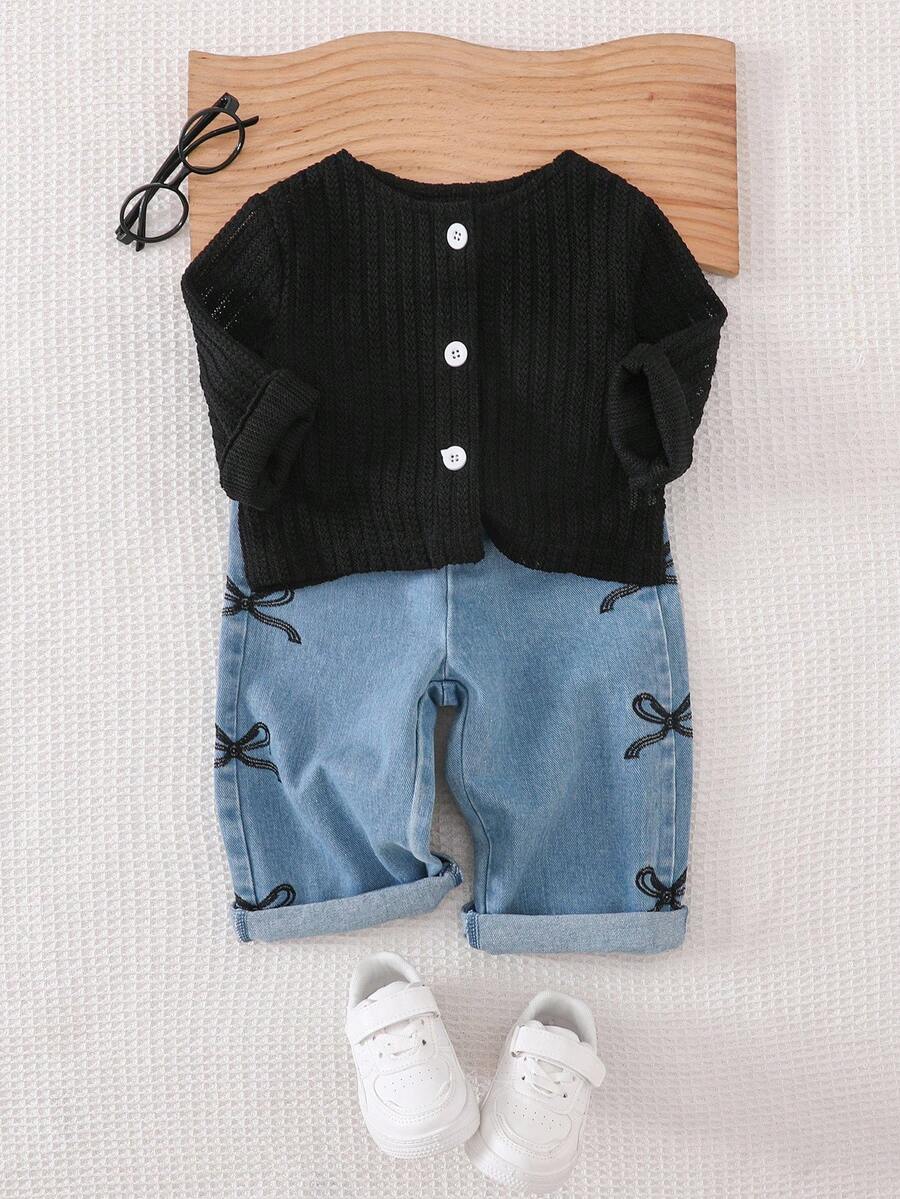 SHEIN Playful Pals 2 件套女婴休闲百搭长袖夹克和蝴蝶结刺绣裤子套装适合春秋冬季日常穿着 - 黑色 - 查看 1