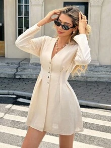 SHEIN Frenchy 女式纯色V领长袖褶饰腰部时尚迷你连衣裙 - 杏色 - 查看 1