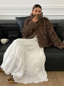 Livesso 女士仿毛皮休闲商务外套，宽松版型，时尚百搭，适合办公室穿着，棕色，秋冬女式外套 - 棕色 - 查看 6