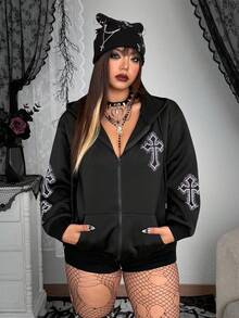 Whyspr Grunge Punk Plus Size Women's Fashionable Cross Print Design Sweatshirt - Black - View 1