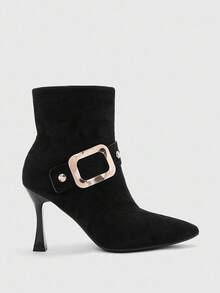 CUCCOO BIZCHIC Women's Black Buckle Design Fashion Mid-Calf High Heel Boots - Black - View 2