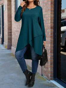 SHEIN Áo thun tay dài cổ tròn viền bất đối xứng màu trơn cỡ lớn - Màu xanh bụi bặm - Xem 1