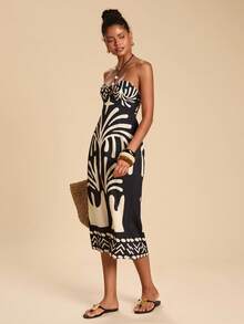 Travachic 女式度假花卉印花紧身串珠吊带连衣裙 - 黑色 - 查看 5