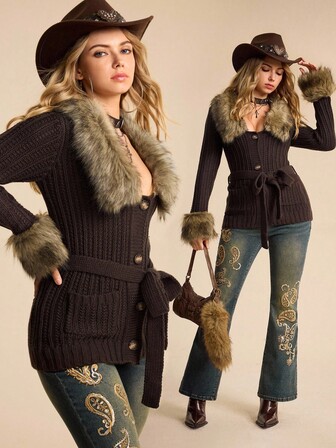 EDITION Cardigan tricoté ajusté à la mode, col fourrure, manches longues, simple boutonnage pour femmes, automne/hiver