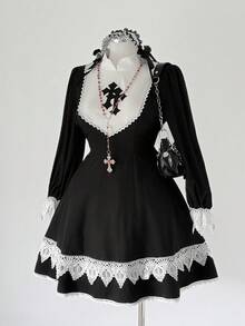 Sunspun Vestido de manga larga minimalista de dama con elegante ribete de encaje de color contrastante