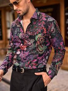 HIMLAND Men Casual Paisley Pattern Digital Print Button-Down Long Sleeve Shirt, Boho 70s Retro Style Shirt, Ideal For The Artistic Soul, Fall