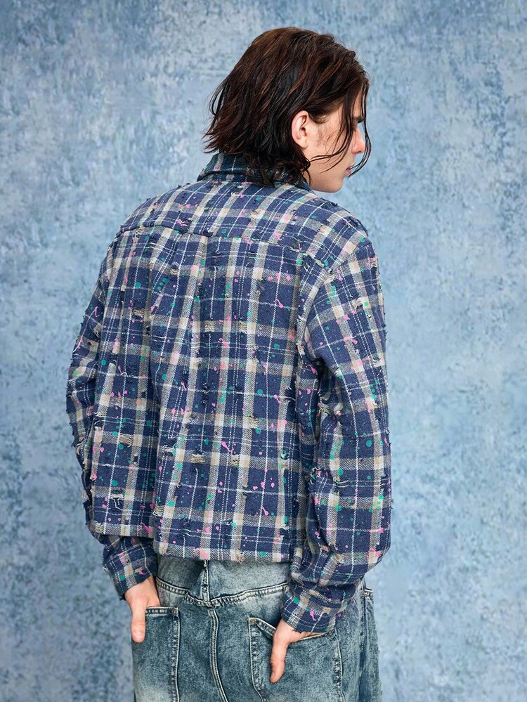 ROMWE MEN Street Life Men's Autumn/Winter Prep Casual Plaid Ripped Overcoat - Multicolor - View 2