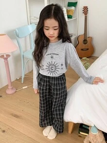 DAZY 2 件套年轻女孩针织印花长袖 T 恤 + 编织格子裤睡衣套装，秋季 - 灰色 - 查看 7