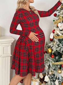 SHEIN Christmas Autumn And Winter Maternity Dress Maternity Christmas Plaid Long Sleeve Dress Fall - Red - View 3