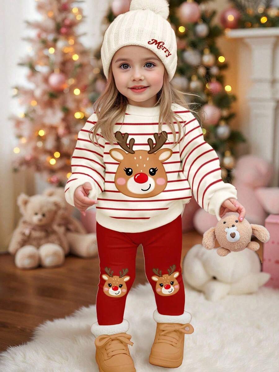 SHEIN Happikins Burgundy Striped, Cute Christmas Cartoon Reindeer Pattern, Baby Girl Casual Soft Thick Crew Neck Long Sleeve Sweatshirt And Leggings Set, Suitable For Autumn/Winter Daily Wear, Christmas, Cozy Season, Christmas Gifts, Autumn & Winter Outfits For , Easy Comfort, Autumn & Winter Layers For Baby & Girls, Stylish Girls, Casual Wear, Baby & Kids Graphic Clothes, Fall & Winter Clothes, Fall New Style