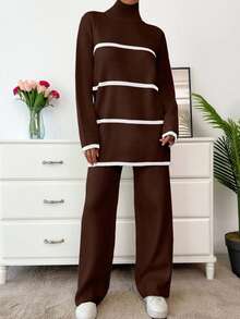 SHEIN Women Mock Neck Stripe Patter Sweater - Mocha Brown - View 4