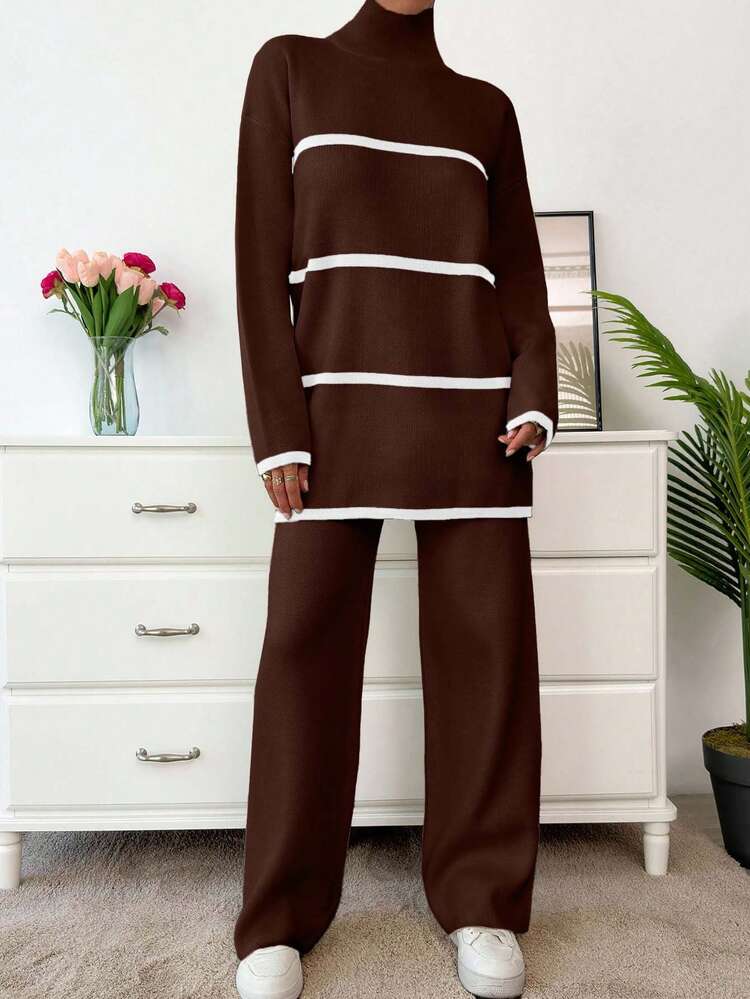 SHEIN Women Mock Neck Stripe Patter Sweater - Mocha Brown - View 4