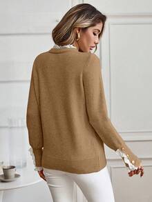EMERY ROSE Women's Casual Lace Trim Round Neck Long Sleeve Sweater, Autumn/Winter - Khaki - View 2