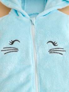 SHEIN 女婴睡衣，可爱柔软蓝色兔子，带睫毛刺绣眼睛和灵活耳朵设计长袖连帽连体衣家居服 - 薄荷藍 - 查看 6