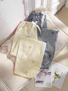 SHEIN 2pcs Women Pink & Blue Striped Heart & Bow Decor Pants Set, Fall Clothes Lemon Pajama Set, Winter - Multicolor - View 1