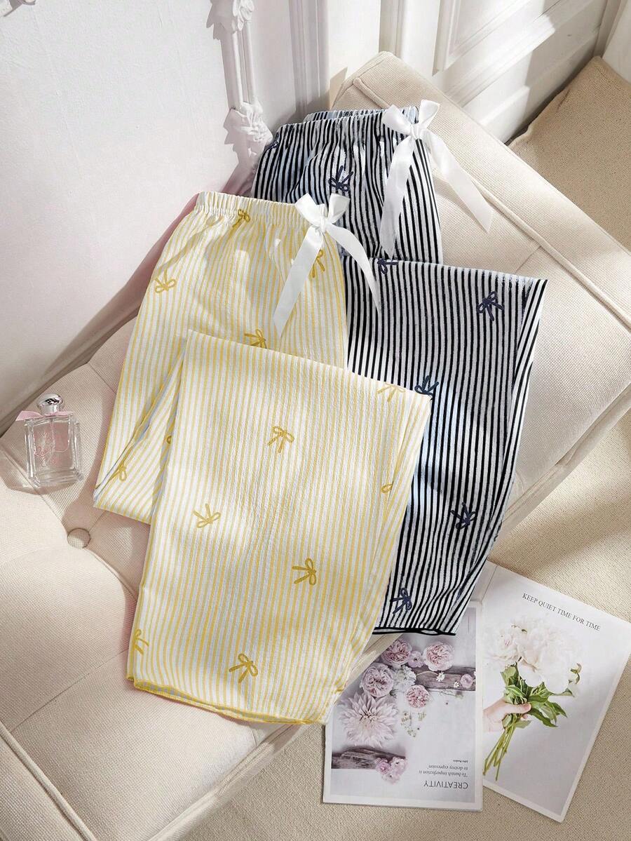 SHEIN 2pcs Women Pink & Blue Striped Heart & Bow Decor Pants Set, Fall Clothes Lemon Pajama Set, Winter - Multicolor - View 1