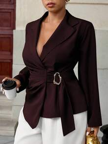 Easura Fashionable Casual Waist-Cinched Elegant Commuter Asymmetric Golden Button Blazer - Burgundy - View 7