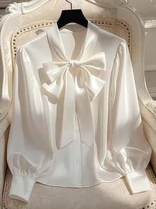 Franclia Women's Elegant Solid Color Tie Collar Elegant Long Sleeve Bow Blouse