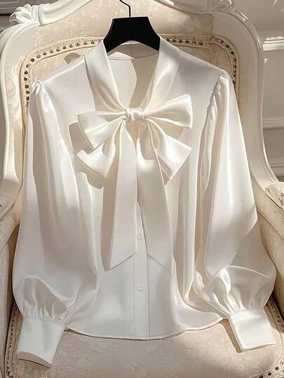 Franclia Women's Elegant Solid Color Tie Collar Elegant Long Sleeve Bow Blouse