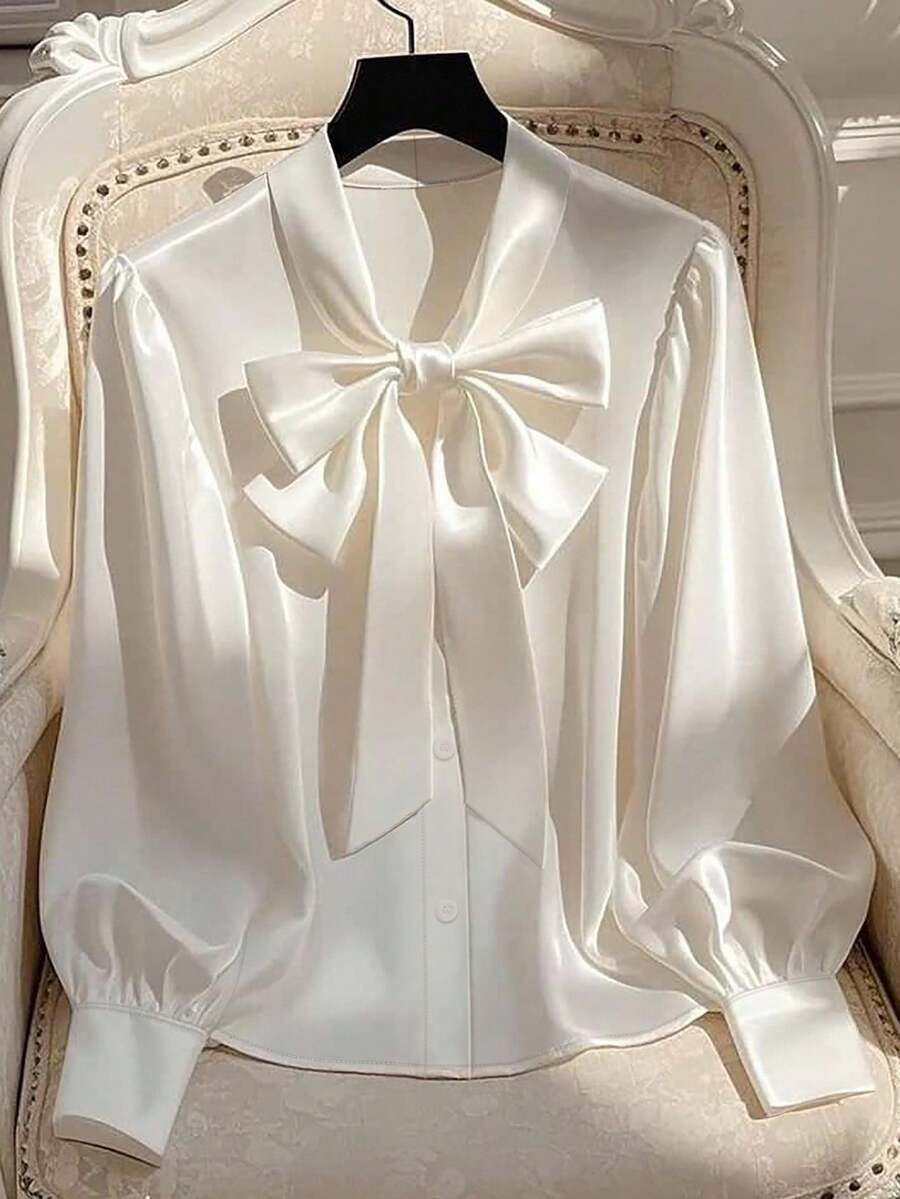 Franclia Women's Elegant Solid Color Tie Collar Elegant Long Sleeve Bow Blouse