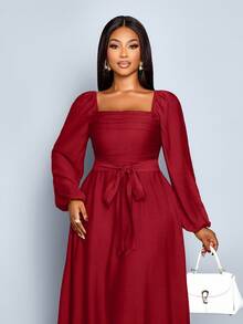 SOLERSUN Women's Plus Size Fall And Winter Frenchy Solid Color Square Neck Long Sleeve Front Ruched Ruffle Hem A-Line Casual Elegant Dress , Spring/Summer New Women's Dresses Fall Cloth For Women, Strap, Ginger Woven Fabric, Date Shopping Commuting Dress - Burgundy - View 4