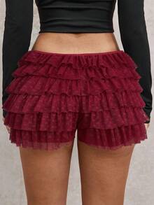 SHEIN SXY Plus Size Women's Fashionable Sexy Street Style Bow Decor Multi-Layer Mesh Ruffle Hem Skort, Spring/Summer Burgundy Shorts Ruffled Shorts Frilly Shorts Tassel Shorts