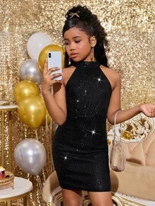 SHEIN Tween Girl Halter Ruffle Sequin Snug Fit Dress, Suitable For Holiday Party Wear - Black - View 4