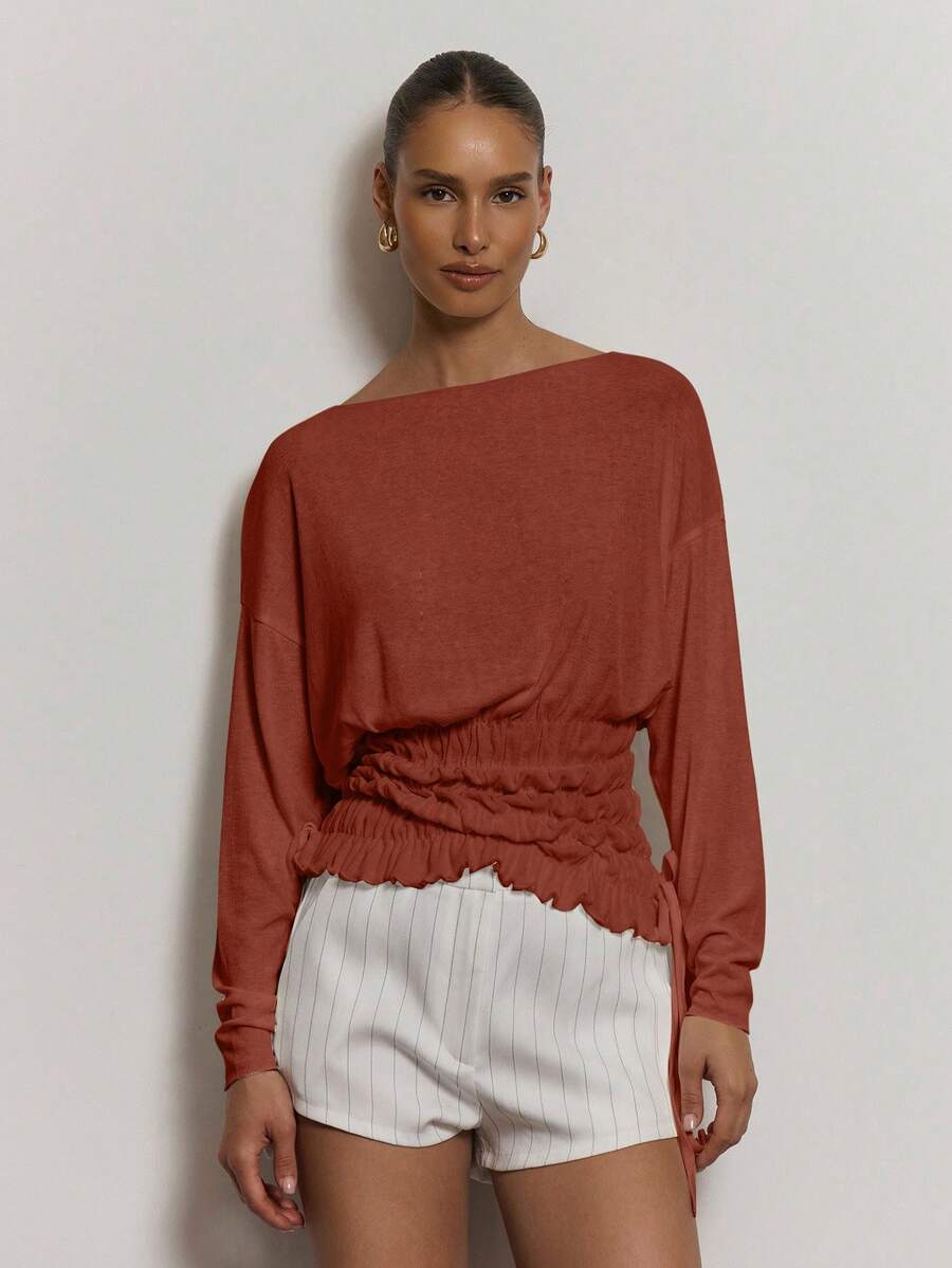 MUSERA 船领褶皱上身长袖上衣，可爱优雅，适合度假、休闲、日常办公穿着，秋季、春季、夏季皆宜，收腰设计，尽显优雅气质。 - 酒紅色 - 查看 1