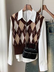 Comfortcana 女士休闲菱形针织背心，秋冬 - 棕色 - 查看 3